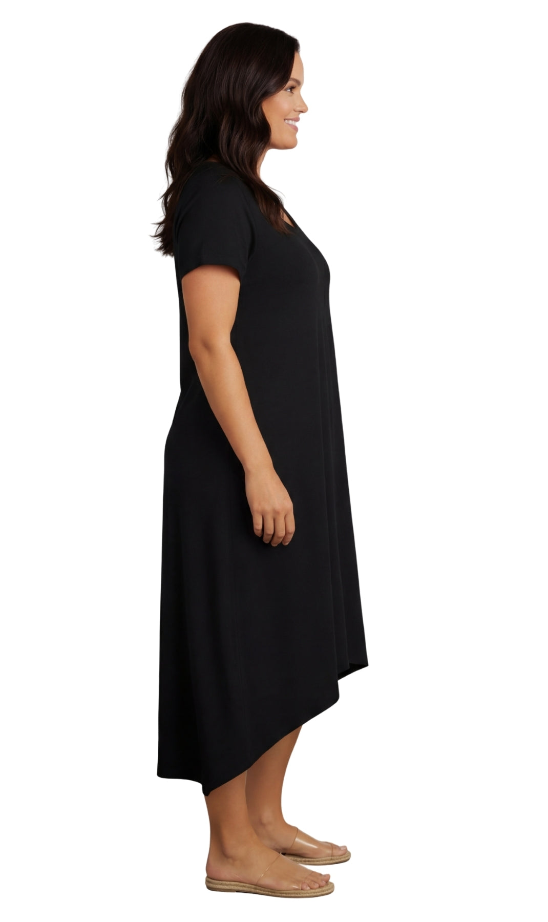 Women's Knit Wide Scoop Neck Short Sleeve Dress in A-line Asymmetrical Hem 3