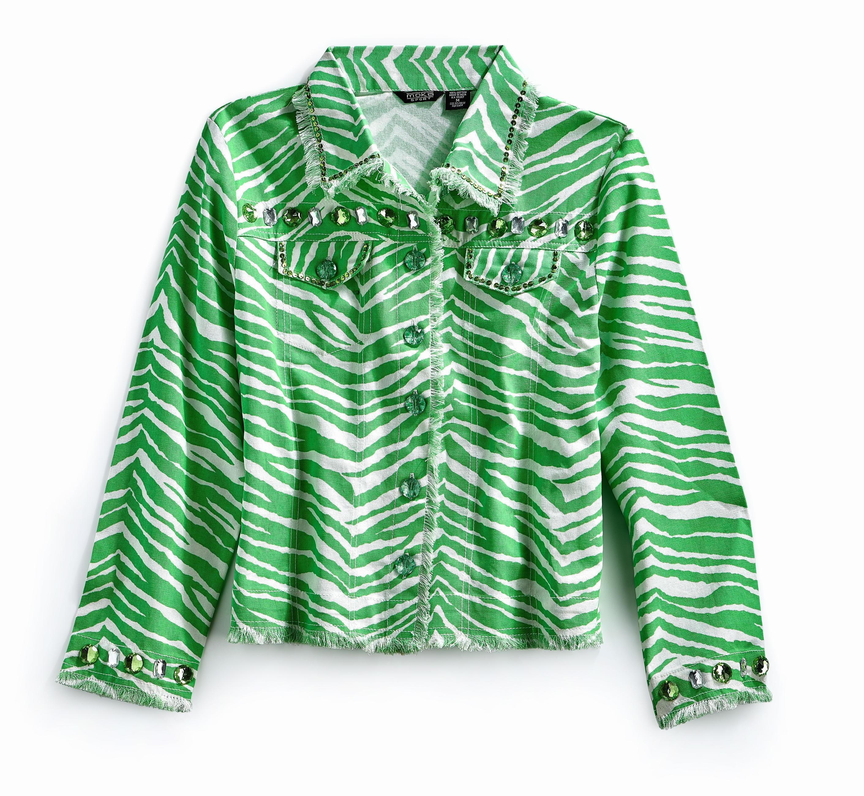 Women's Jewel Trimmed Zebra Printed Canvas Jacket - Flat lay - TURTLE BAY APPAREL