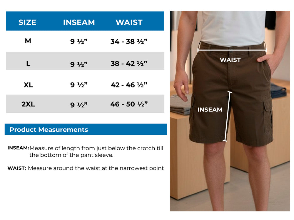 Men's Elastic Waist Cargo Shorts Sizechart