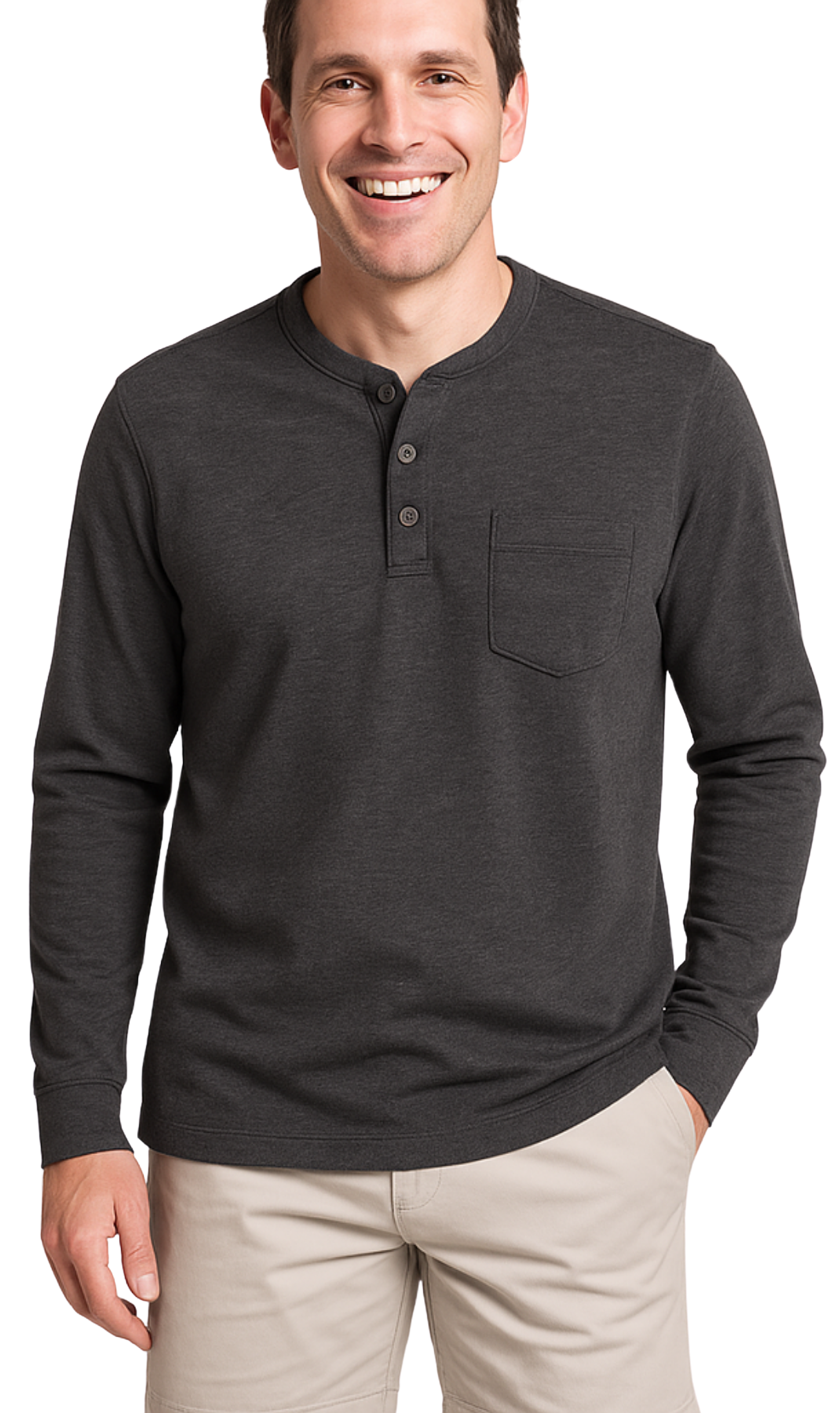 Turtle Bay New York Men's Long Sleeve Henley Shirt with 3 Button Placket-Charcoal Heather-20408 Full