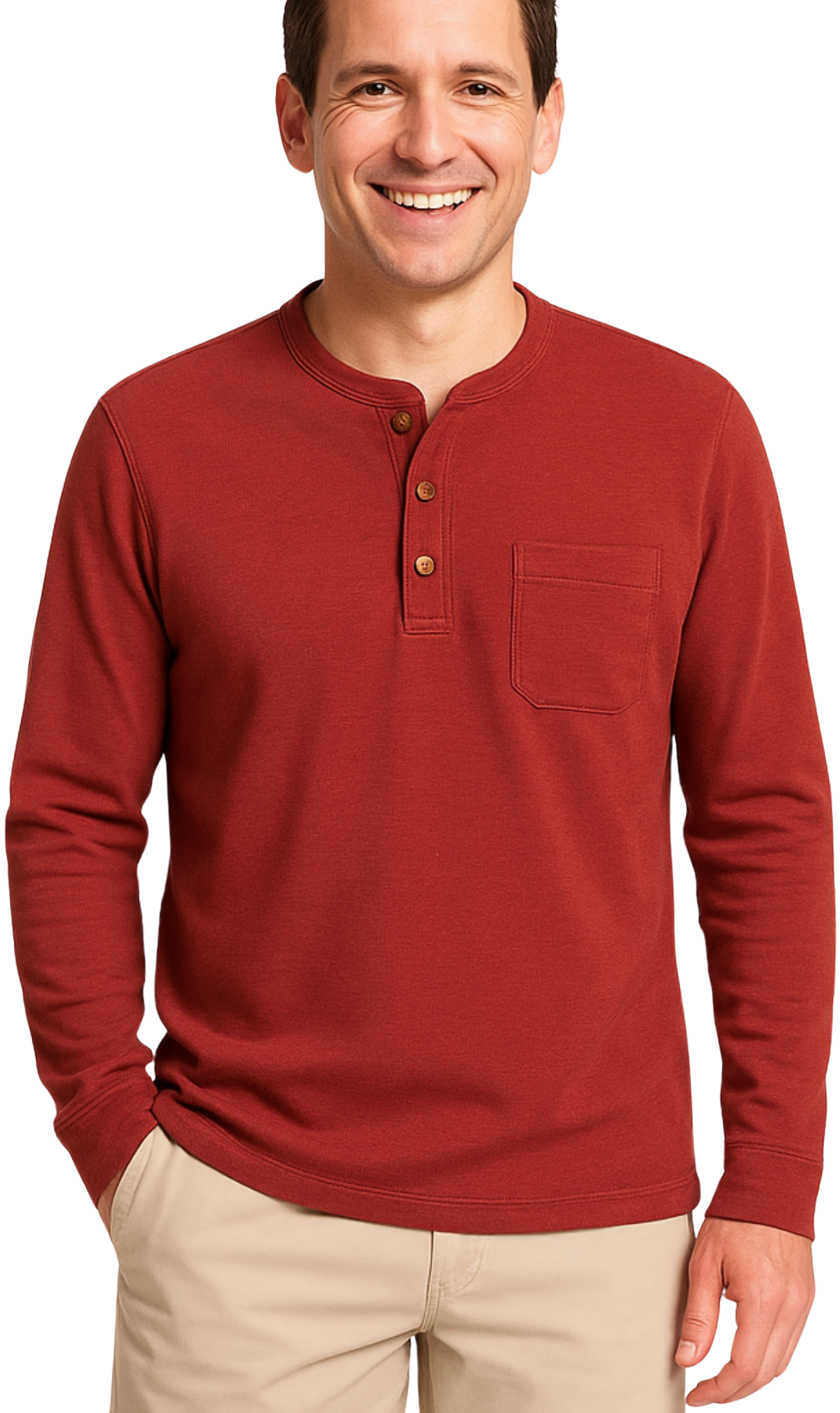 Turtle Bay New York Men's Long Sleeve Henley Shirt with 3 Button Placket- 20408 Redwood Front