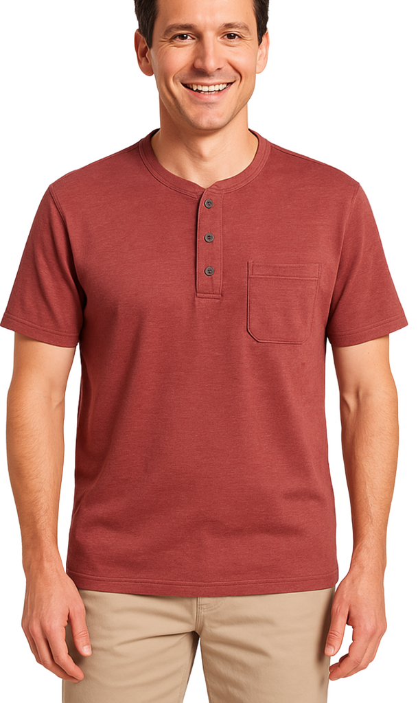 Man wearing a red henley shirt with a pocket on a white background