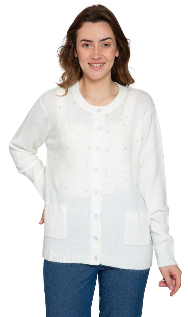 Women's Faux Pearl Cardigan – Luxe Beaded Sweater in a Soft Knit