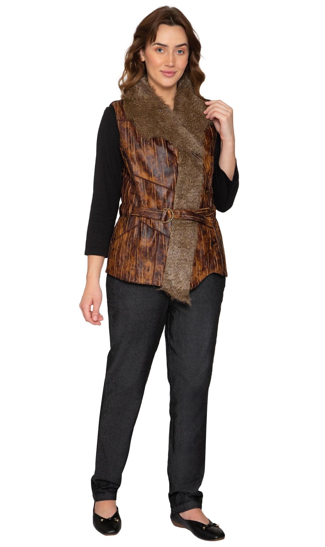 Women's Faux Fur Trimmed Belted Vegan Leather Vest - full -TURTLE BAY APPAREL