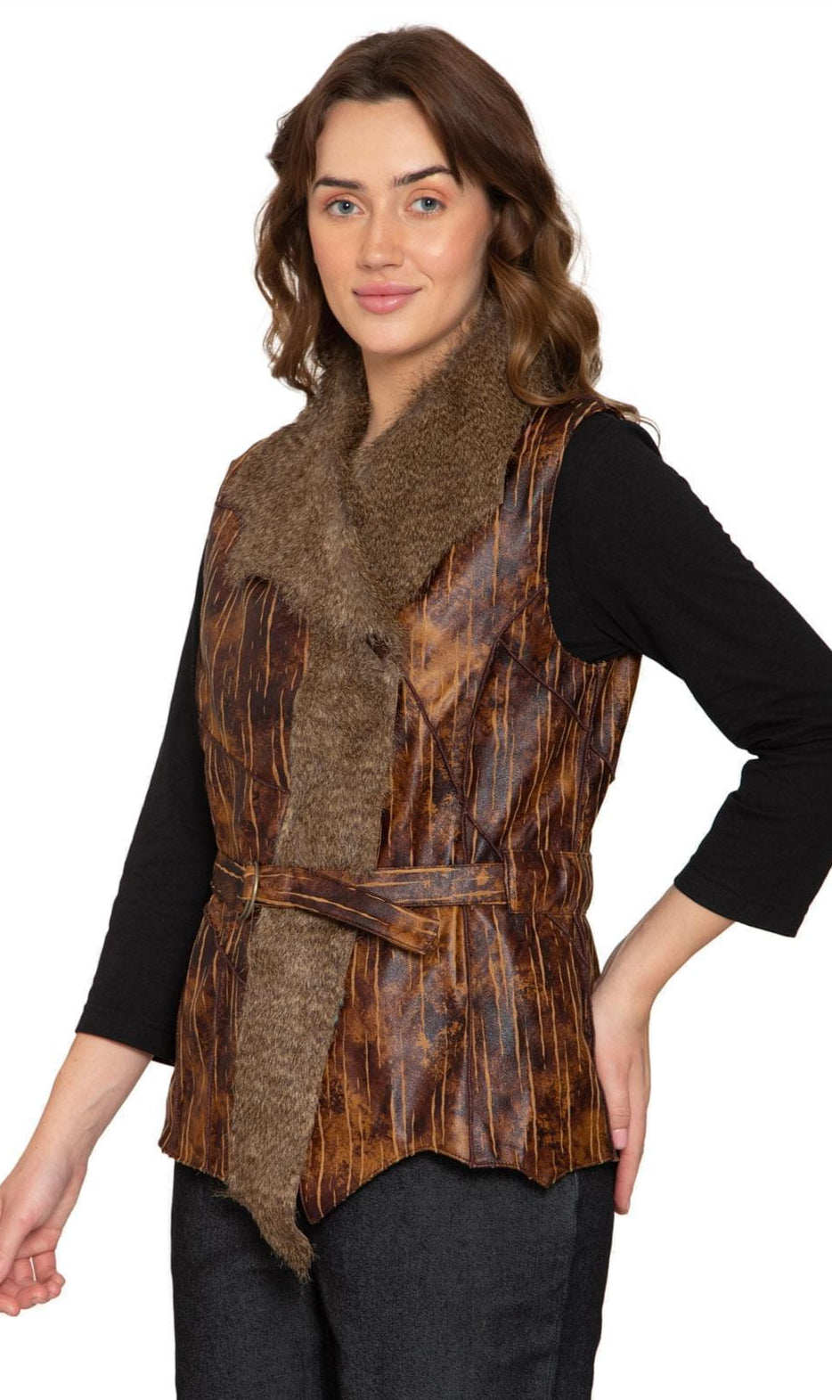 Women's Faux Fur Trimmed Belted Vegan Leather Vest - side - TURTLE BAY APPAREL