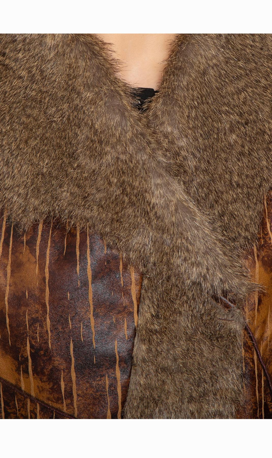 Women's Faux Fur Trimmed Belted Vegan Leather Vest - close up - TURTLE BAY APPAREL