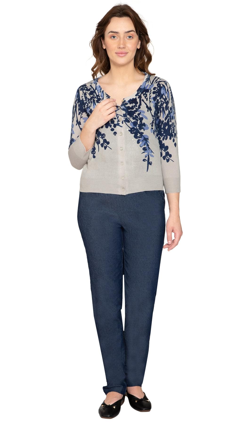 Women's 3/4 Sleeve Knit Printed And Embellished Cardigan Sweater - -Blue Multi - Full -  TURTLE BAY APPAREL