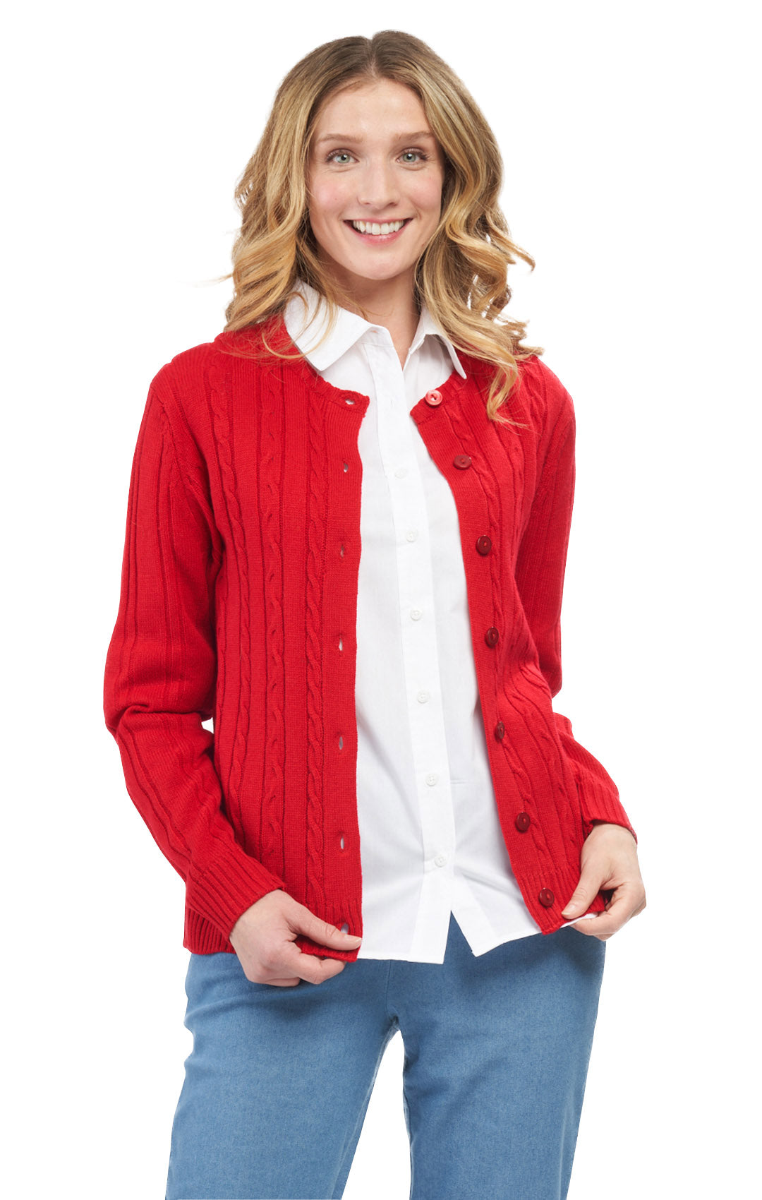 Women's Classic Button Front Cable Knit Cardigan in Soft Acryllic 22