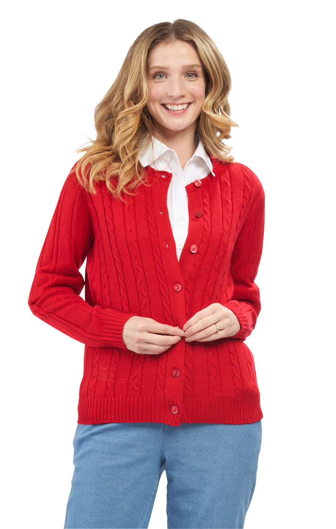Women's Classic Button Front Cable Knit Cardigan in Soft Acryllic 19