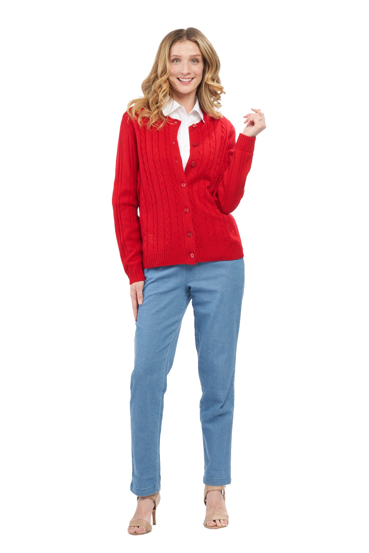 Women's Classic Button Front Cable Knit Cardigan in Soft Acryllic 23
