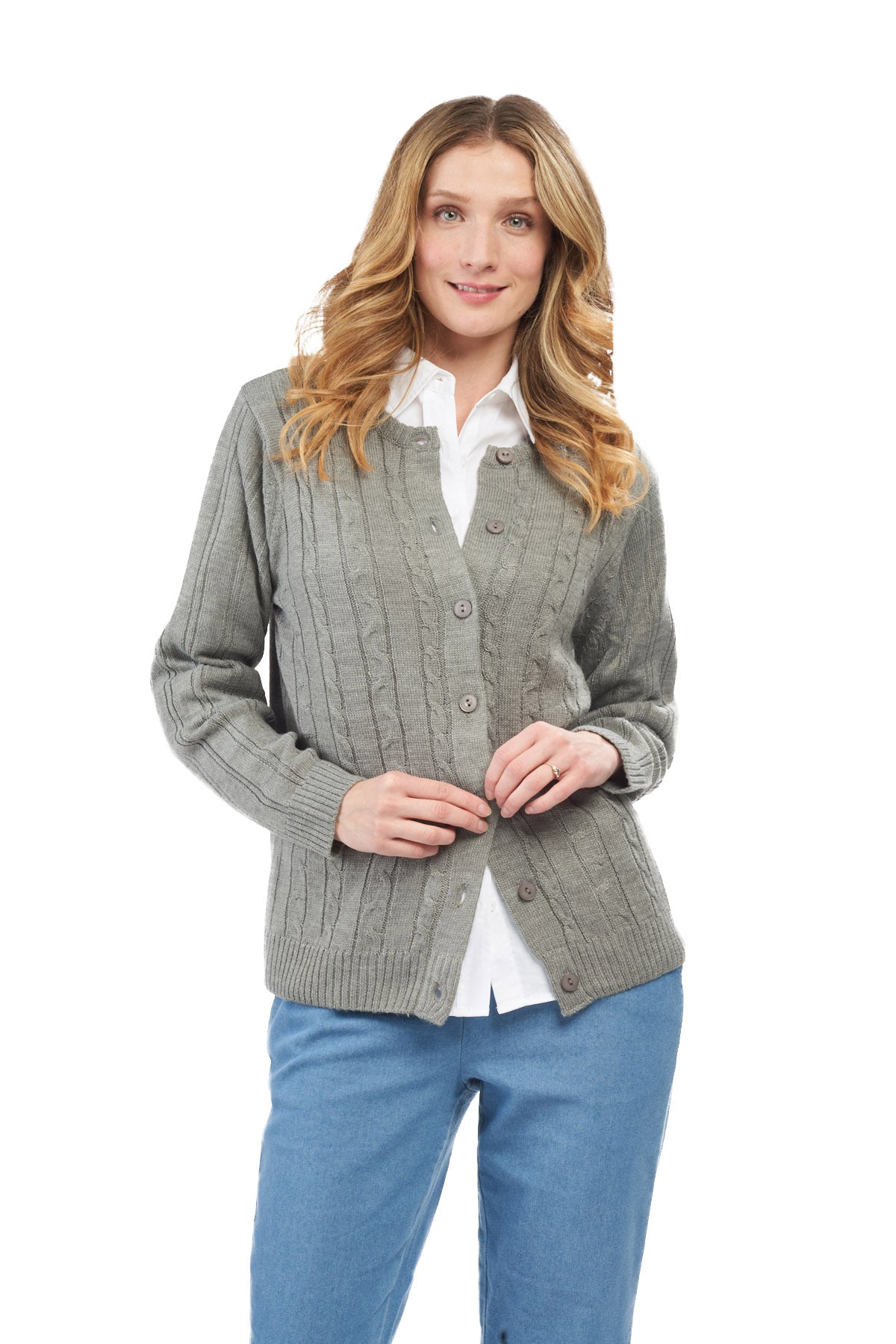 Women's Classic Button Front Cable Knit Cardigan in Soft Acryllic 8