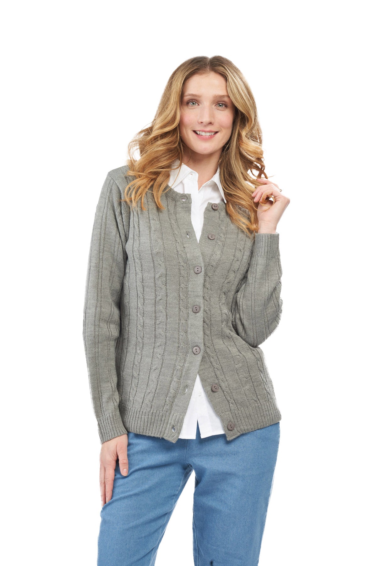 Women's Classic Button Front Cable Knit Cardigan in Soft Acryllic 11