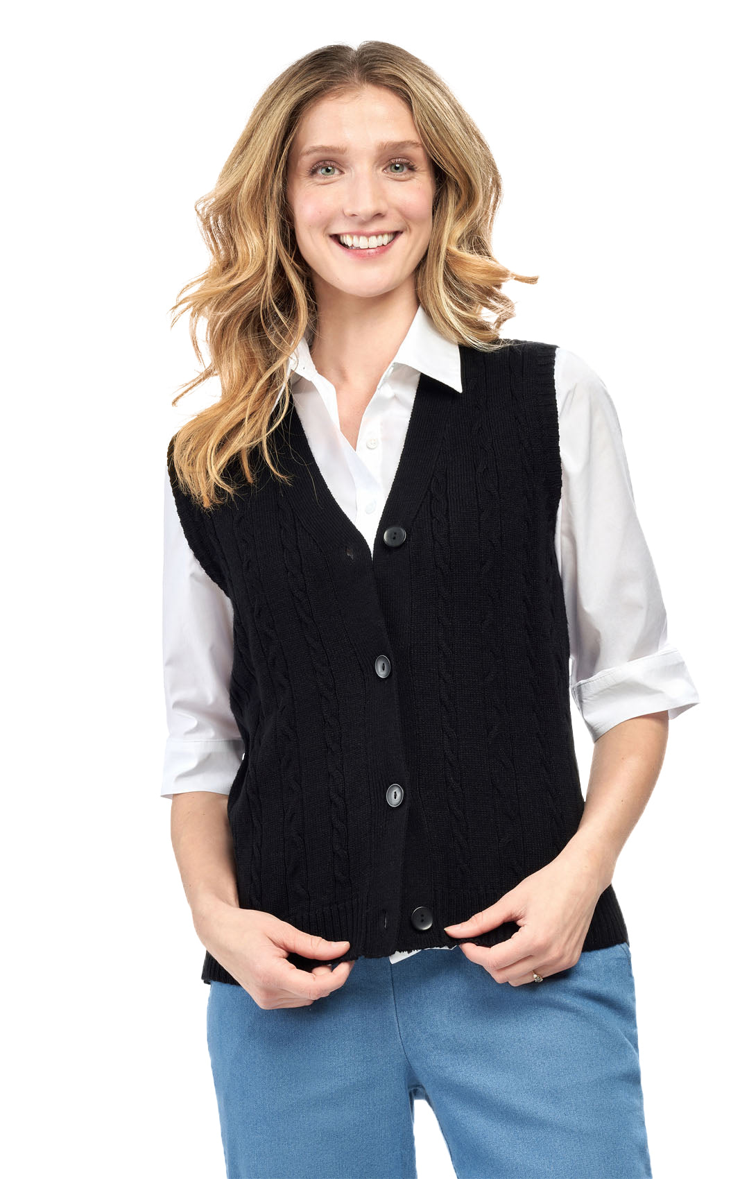 Womens Button Front Cable Knit Cardigan Sweater Vest 3
