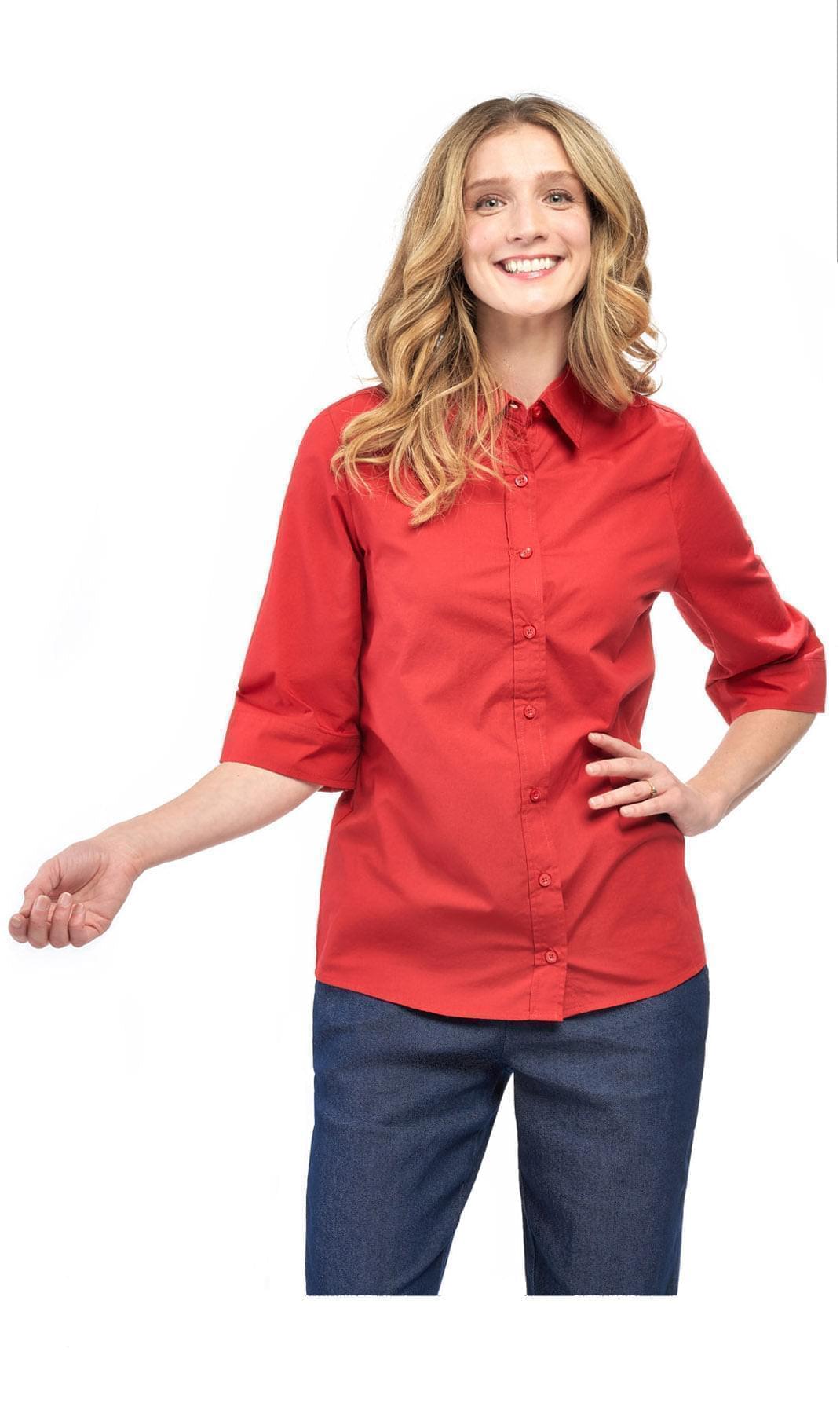 Women's Essential Button Front ?¥ Sleeve Camp Shirt - Red - Front - TURTLE BAY APPAREL