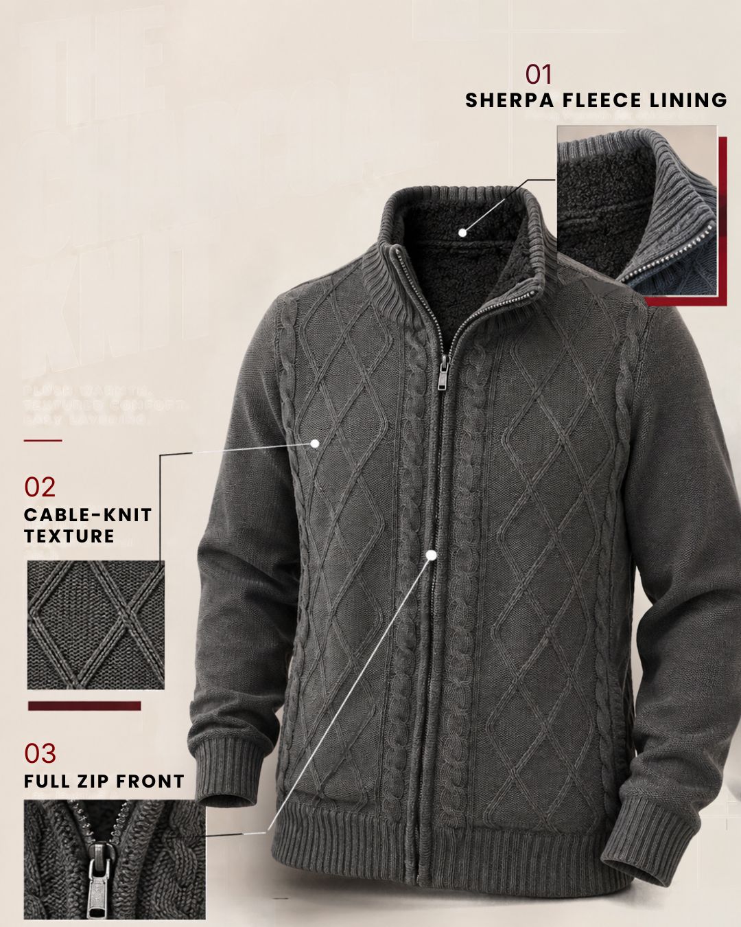 Men's Sherpa Fleece Lined Zip Front Sweater Jacket 5