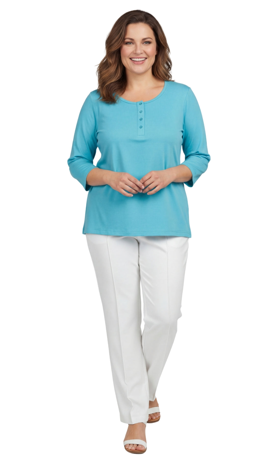 Women's 3/4 sleeves Henley in Cotton Blend with Button Placket 42