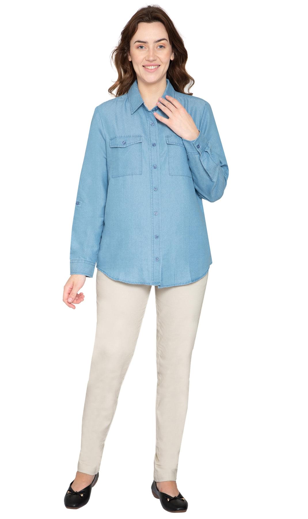 Women's Classic Denim Shirt - Crisp and Tailored for the Urban Cowgirl - LIGHT WASH - Full - TURTLE BAY APPAREL