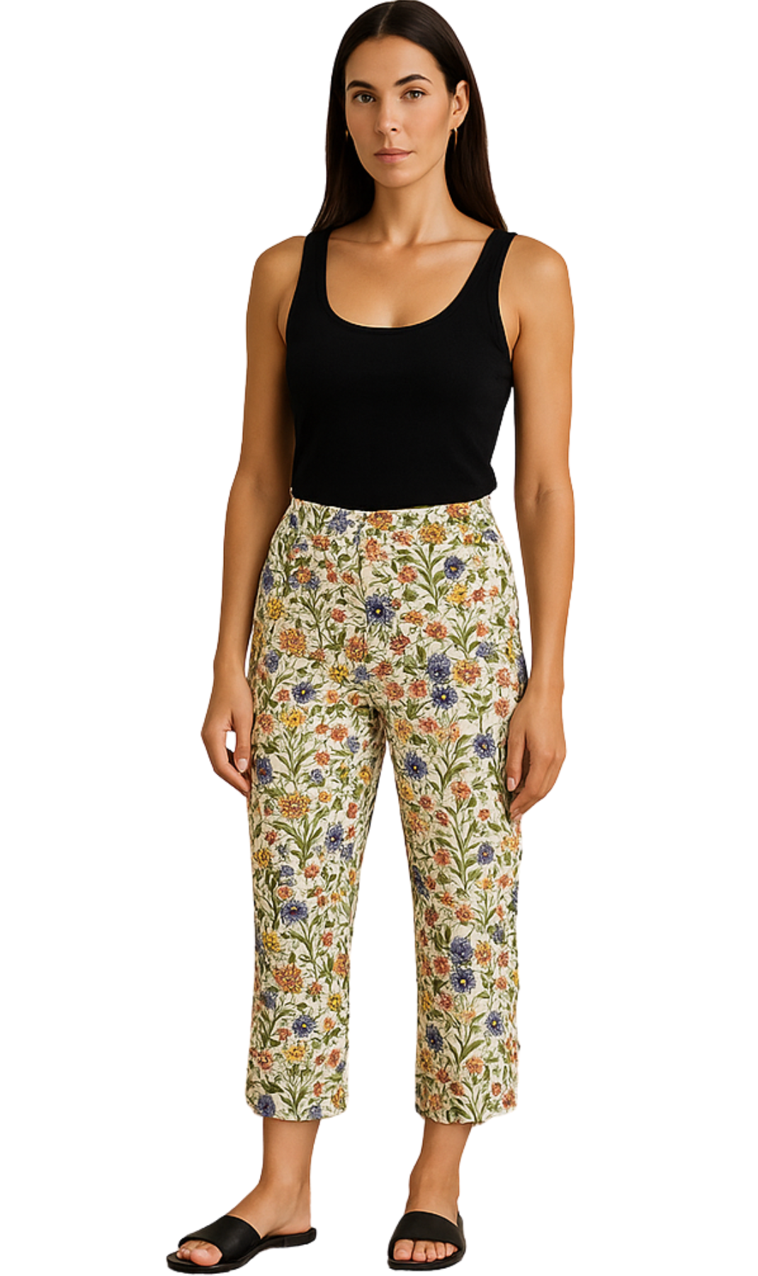 Woman wearing a black tank top and floral pants on a white background
