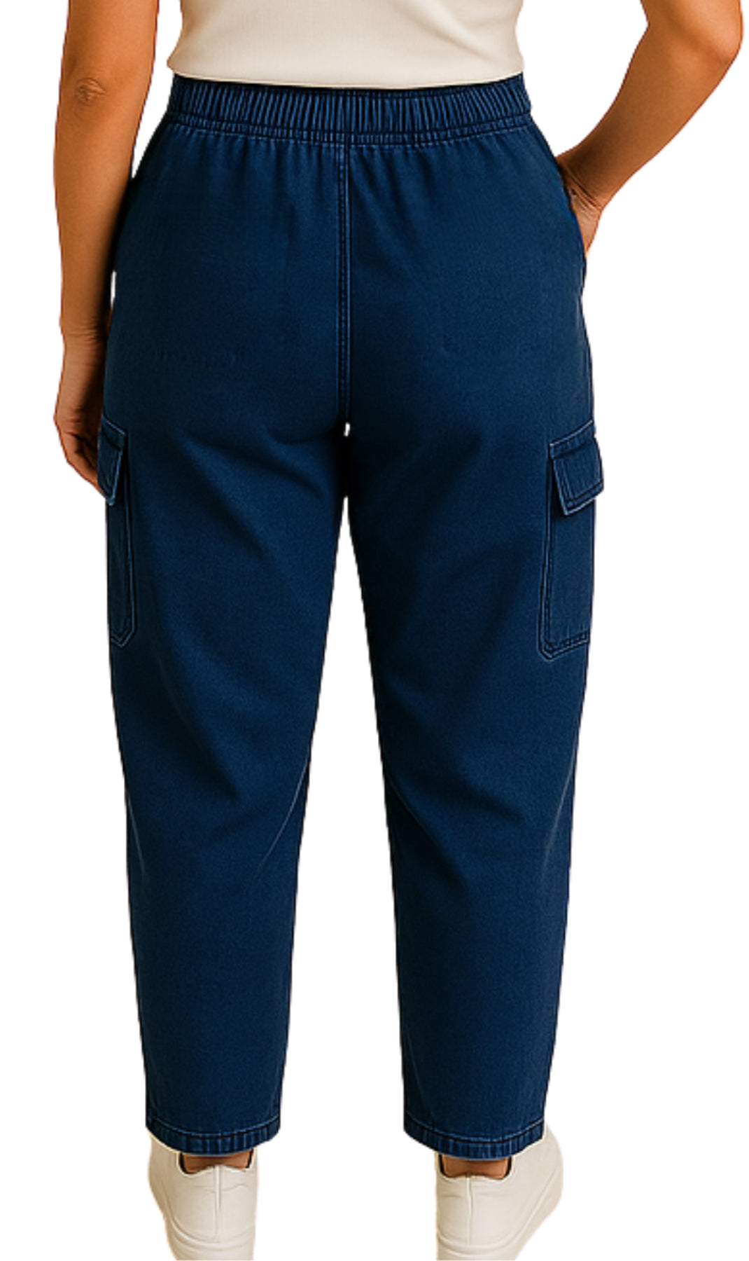 Navy blue cargo pants worn by a person on a white background