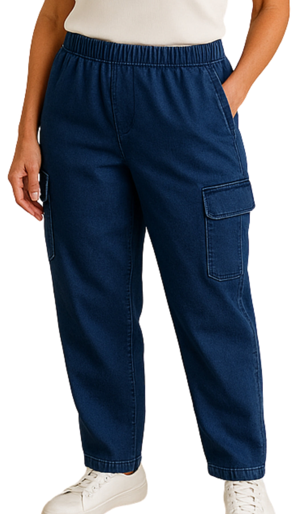 Navy blue cargo pants worn by a person on a white background