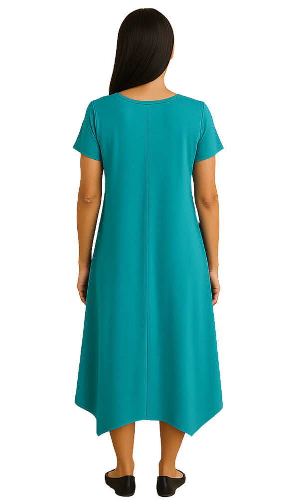 Woman wearing a teal dress from behind on a white background_BACK