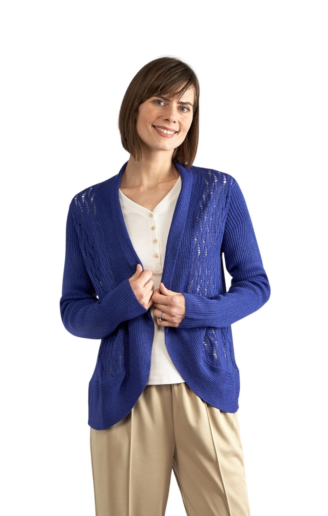 Women's Open Front Glitter Shrug in Soft Acryllic Royal Bue Front