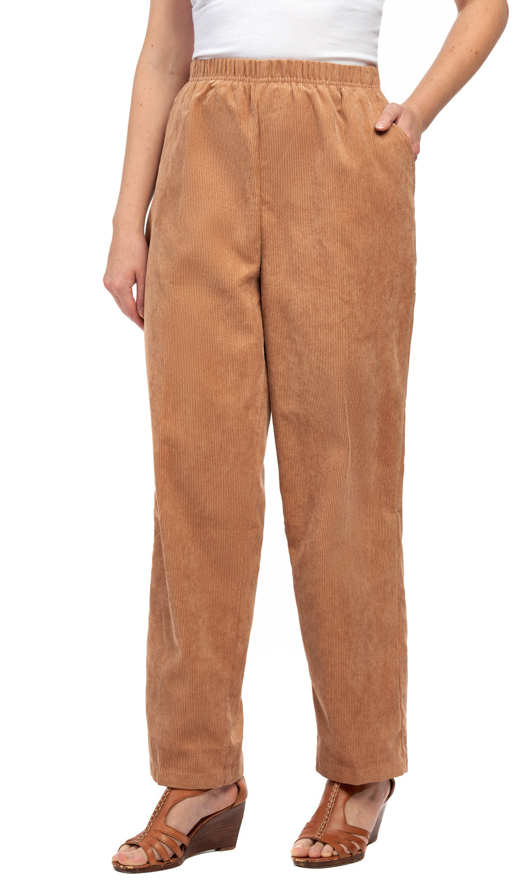 Women's Pull On Corduroy Pants ÔÇô Keep It Cozy in Fine Wale Corduroy - CAMEL - front - TURTLE BAY APPAREL