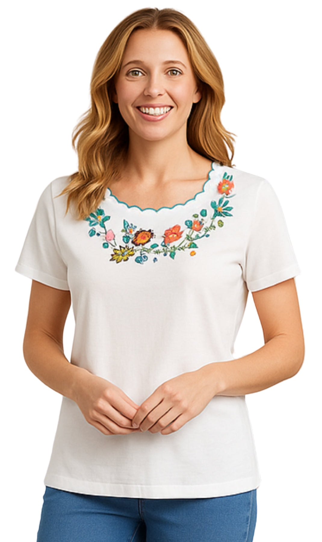 Women's Scalloped Neckline Embellished Tee white front