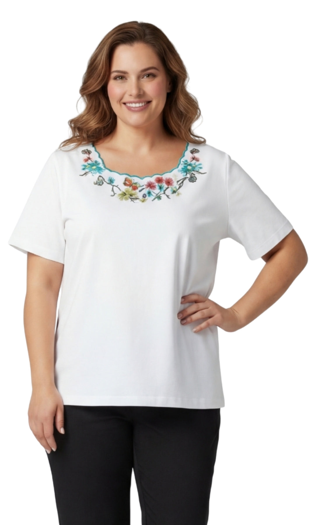 Women's Scalloped Neckline Embellished Tee