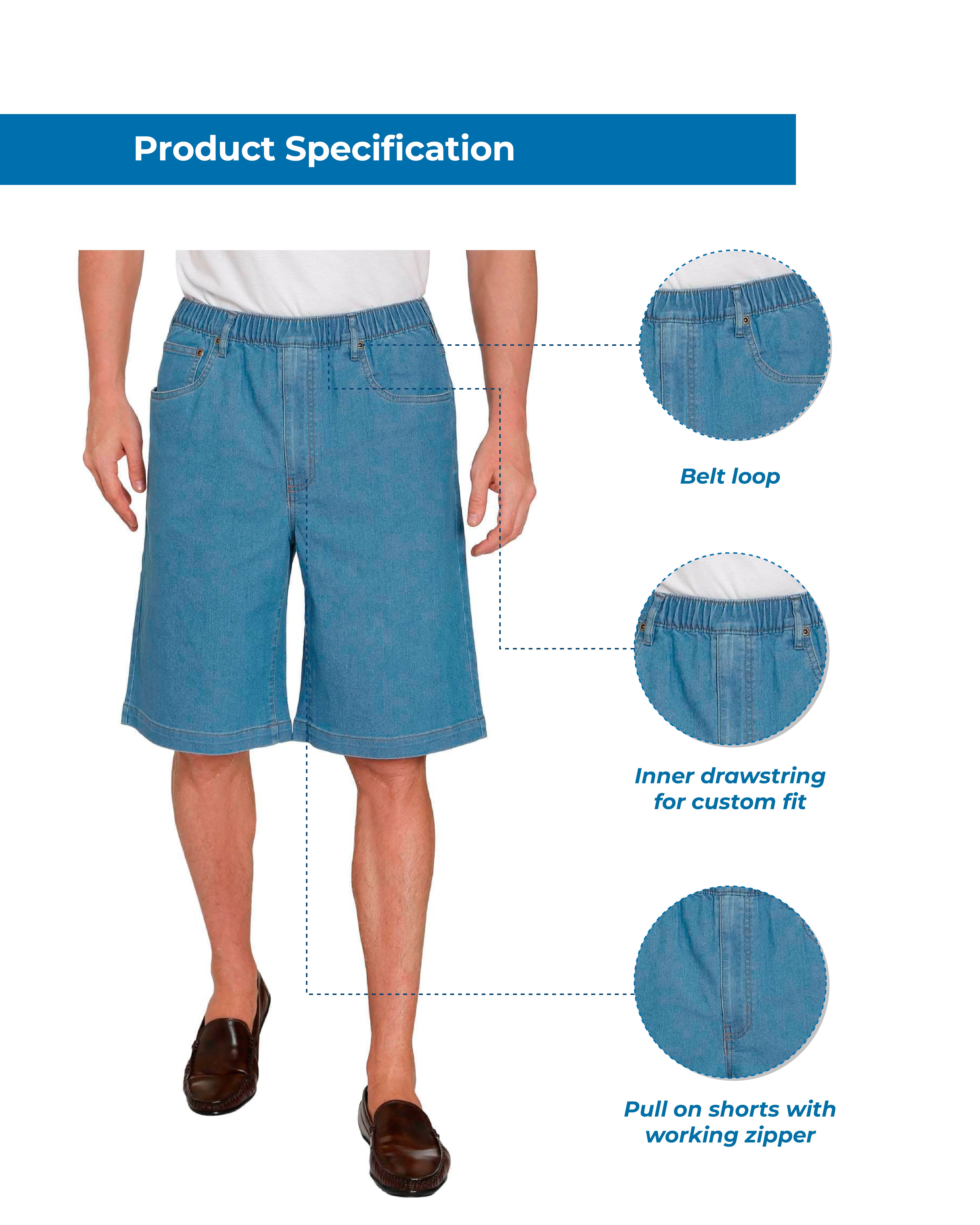 Men's Stretch Waist Pull On Shorts  in Denim and Twill - Free of Buttons & Snaps 21