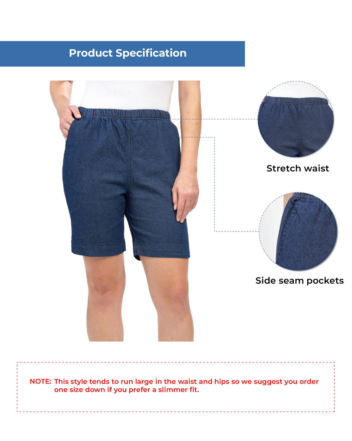 Turtle Bay New York Women's Pull On Denim & Twill Shorts with stretch waist - No zipper or buttons indigo info
