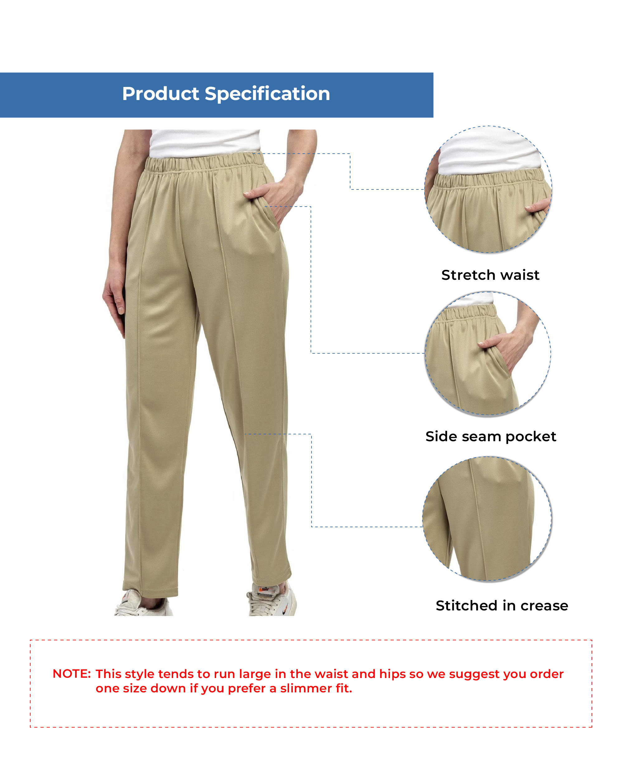 Turtle Bay New York Womens Classic Poly Knit Pants - Pull On Slacks with Elastic Waist stone info