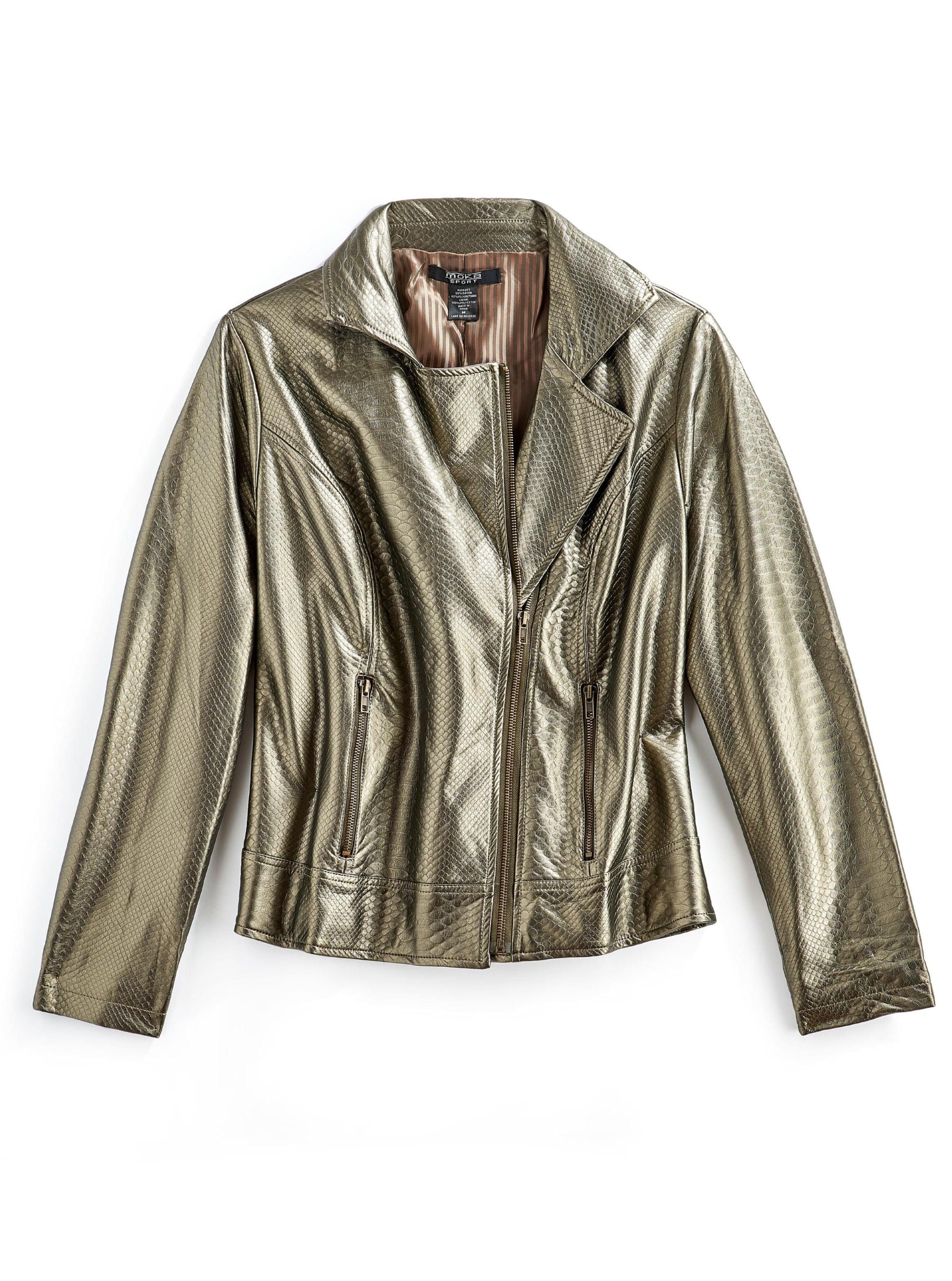 Women's Metallic Snake Pattern Moto Jacket- Flat lay -  TURTLE BAY APPAREL
