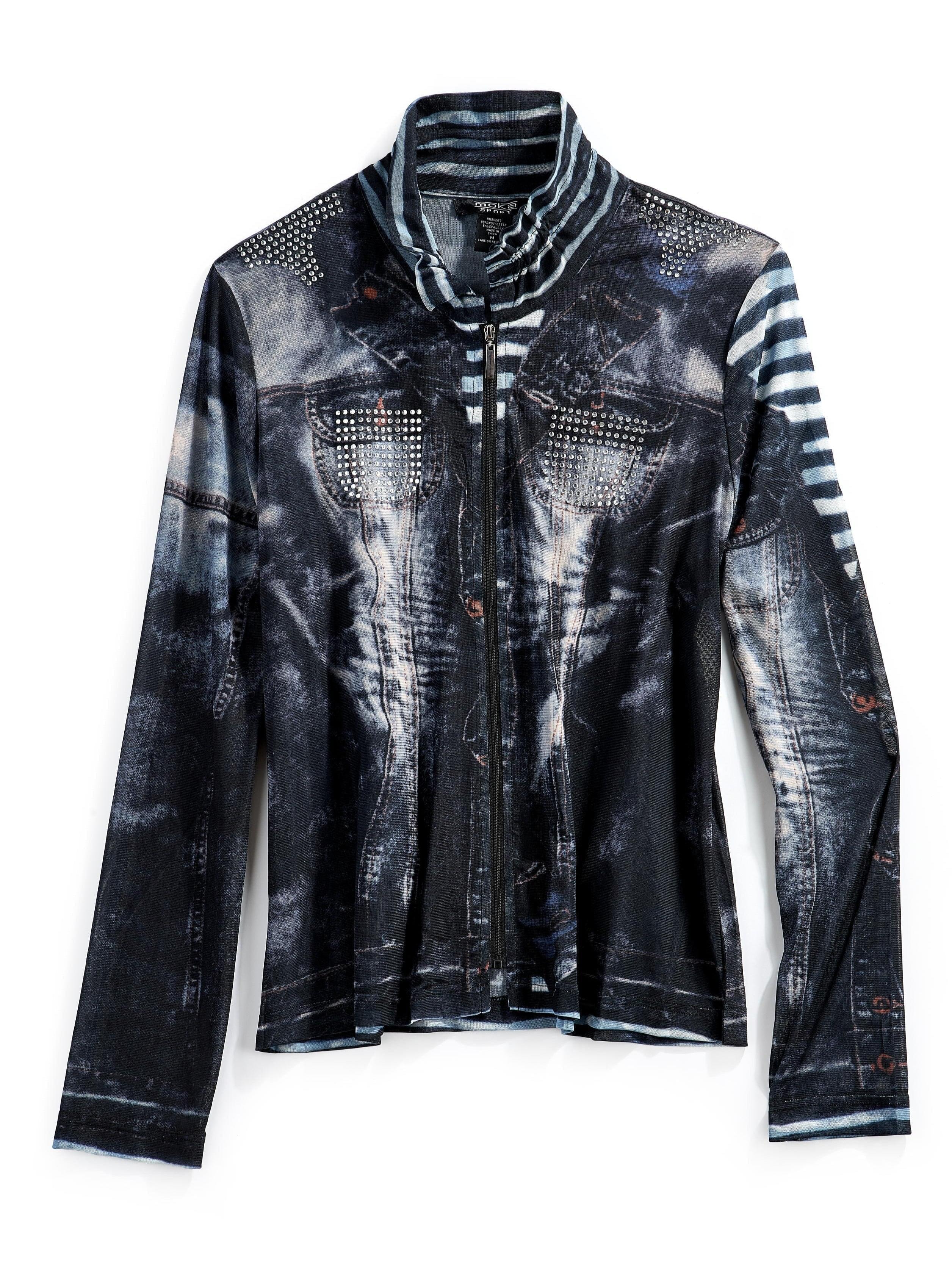 Women's Mesh Denim Look Printed Zip Front Jacket With Rhinestones - Flat lay - TURTLE BAY APPAREL