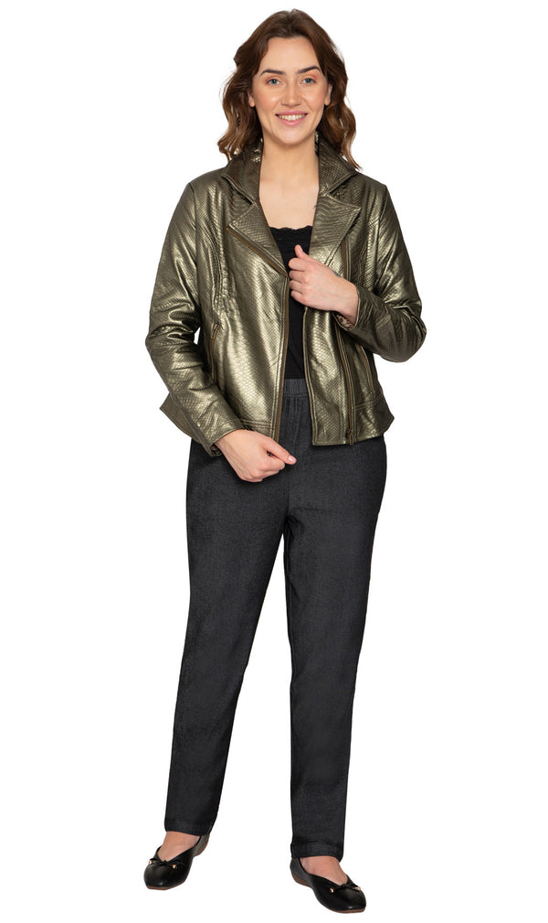 Women's Metallic Snake Pattern Moto Jacket - Full - TURTLE BAY APPAREL