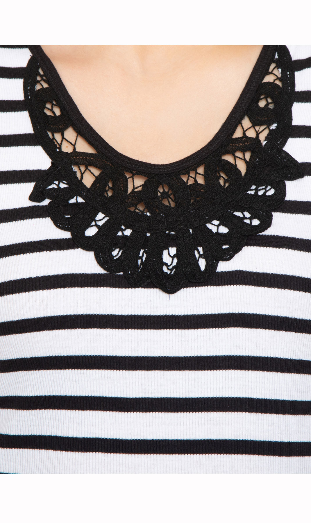 Women's Striped Tank With Crochet Lace Neckline - Close up - TURTLE BAY APPAREL