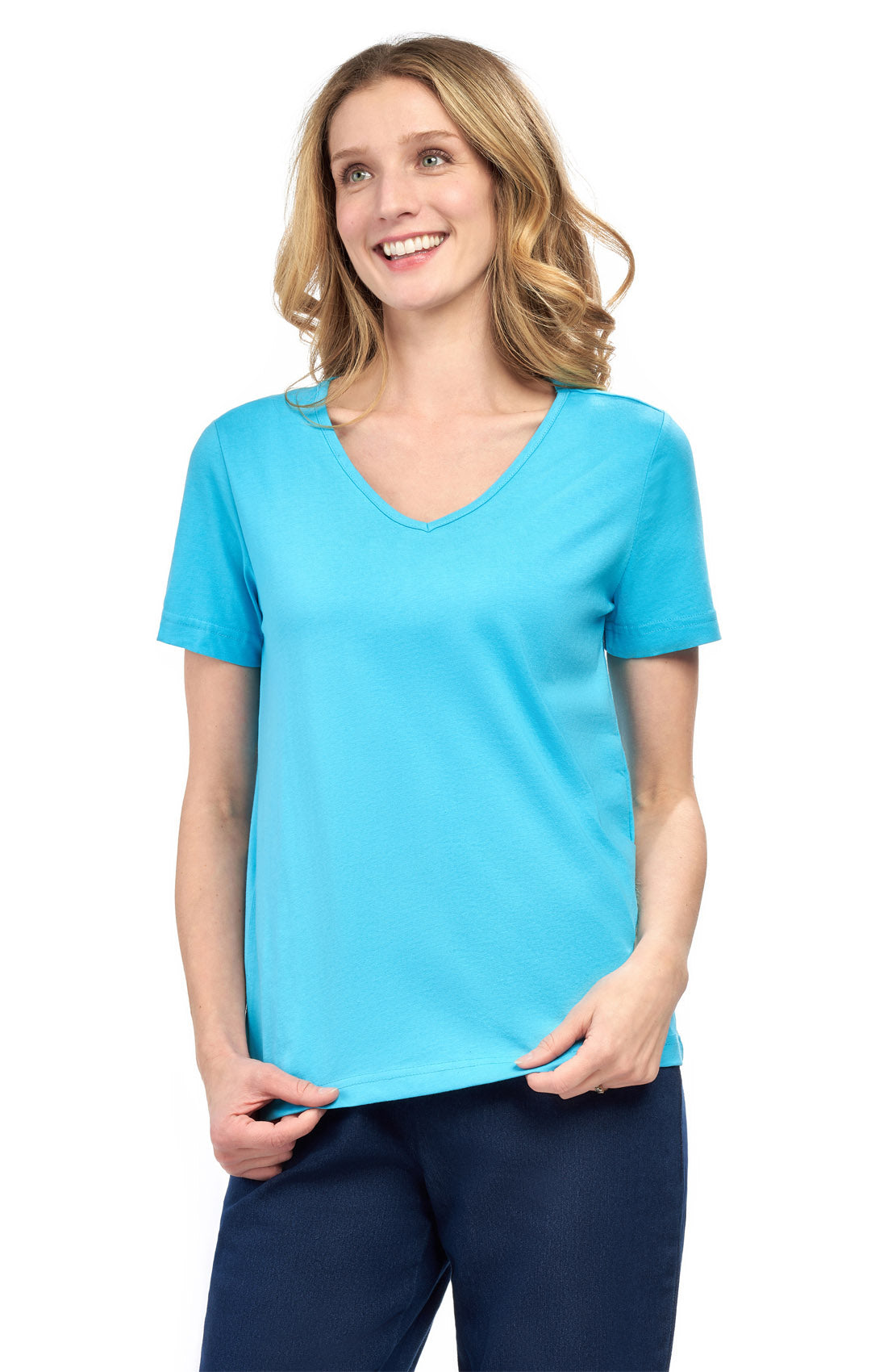 Women's V Neck Knit TeeÔÇô Hits at the Hip for Longer Coverage and a Sleeker Fit - Turquoise - Front - TURTLE BAY APPAREL