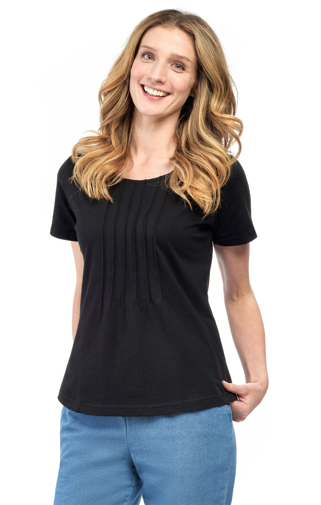 Women's Pintuck Short Sleeve Knit TeeÔÇô A Casual Favorite Goes Uptown - Black- Front - TURTLE BAY APPAREL