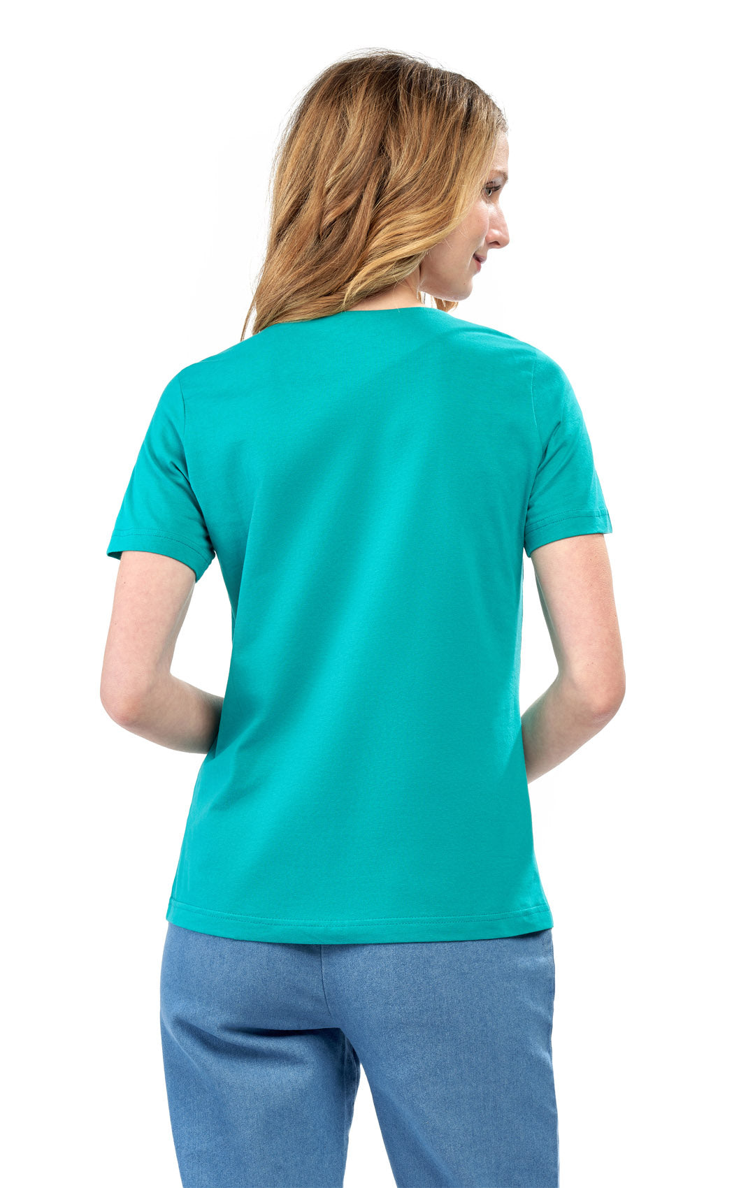 Women's Pintuck Short Sleeve Knit TeeÔÇô A Casual Favorite Goes Uptown -  Jade - Back - TURTLE BAY APPAREL